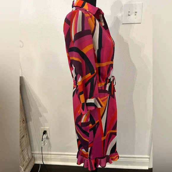 Trina Turk Nat Drawstring Shirt Dress Pink Geometric Print Size XS - Picture 7 of 16